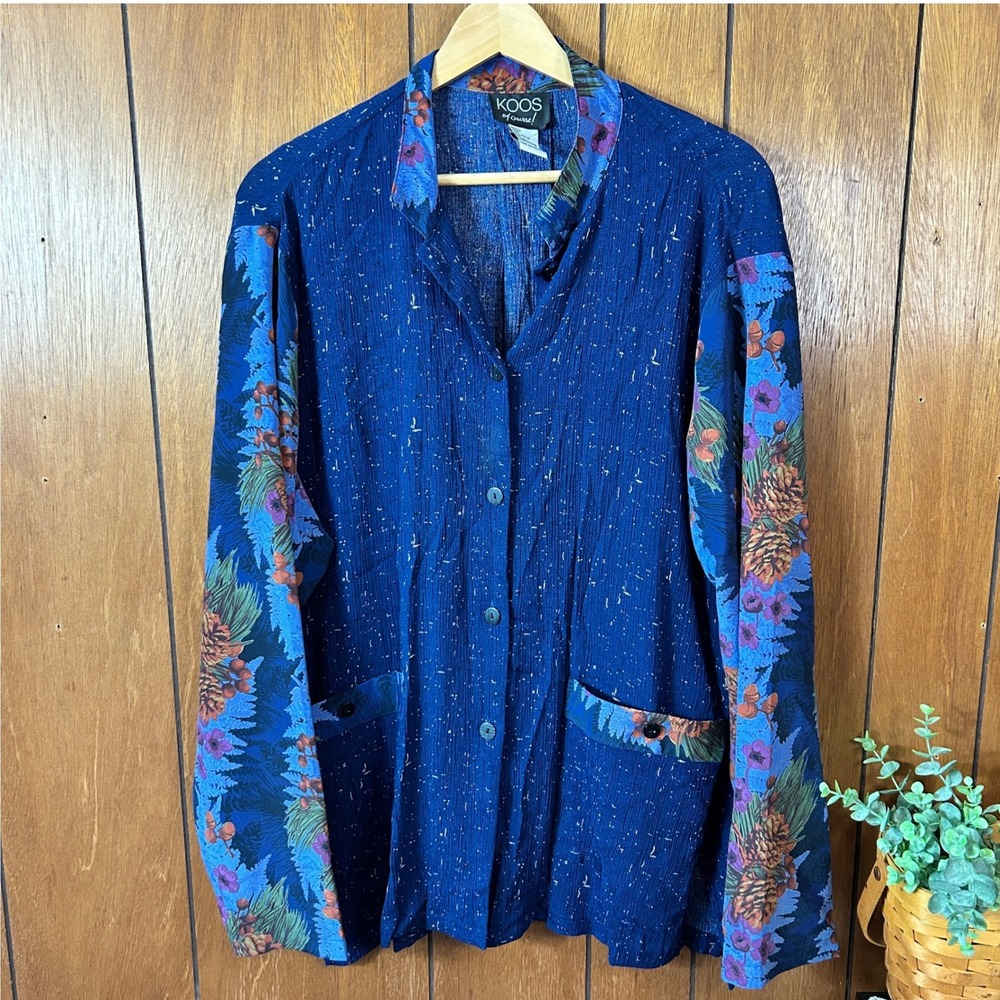 Vintage KOOS of COURSE Blue Floral Print‎ Button Up Shirt Top Size L Unique